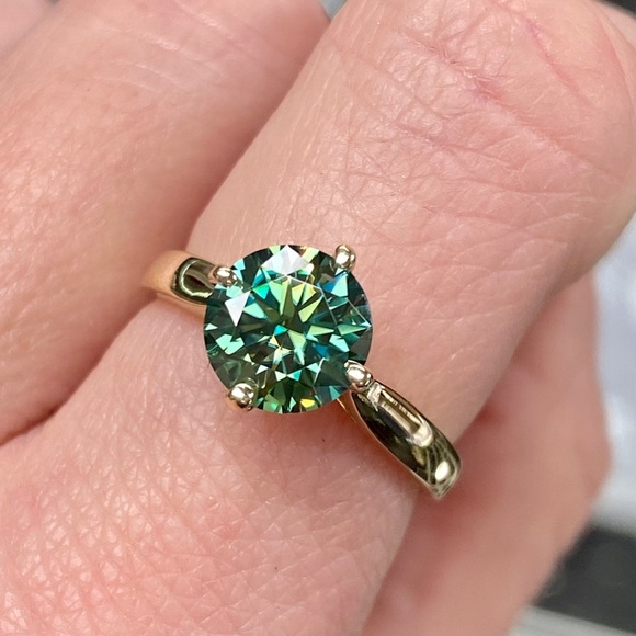 14k Yellow Gold 1 Carat Teal Blue / Aqua Diamond Moissanite Engagement Ring - Picture 2 of 14